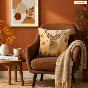 Modern Autumn Leaves and Deer Fall Season Decor Throw Pillow
