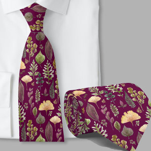 Modern autumn leaves pattern botanical burgundy neck tie