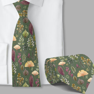 Modern autumn leaves pattern botanical green neck tie