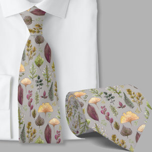 Modern autumn leaves pattern botanical grey neck tie