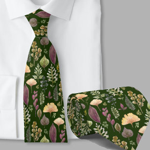 Modern autumn leaves pattern forest green neck tie