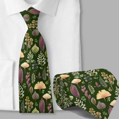 Modern autumn leaves pattern forest green neck tie