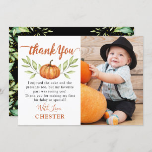 Modern Autumn Little Pumpkin Fall Birthday Photo Thank You Card