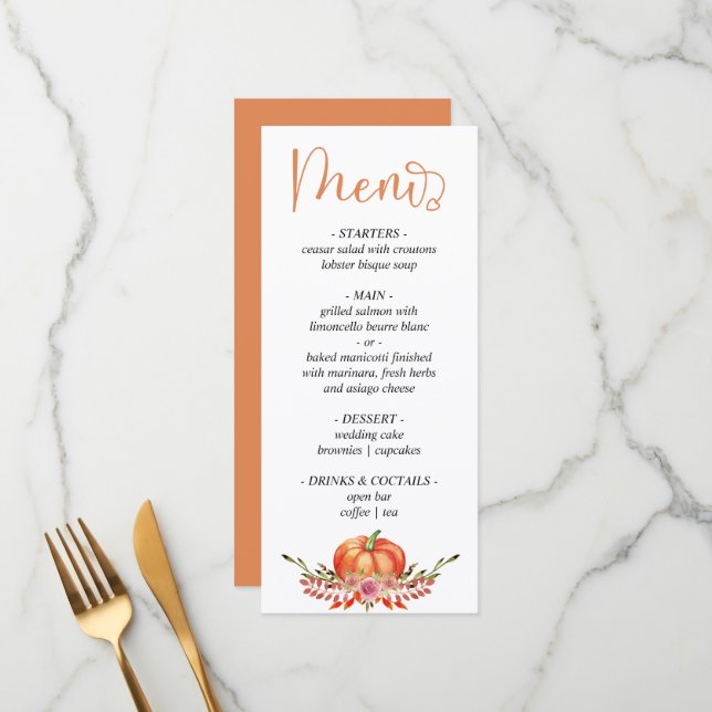 Modern autumn pumpkin florals wedding menu  (Front/Back In Situ)