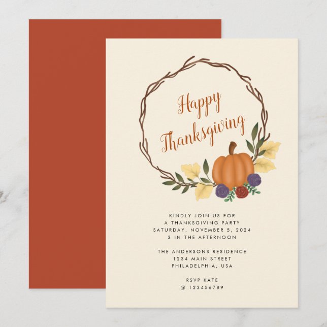 Modern Autumn Pumpkin Wreath Thanksgiving Party Invitation (Front/Back)