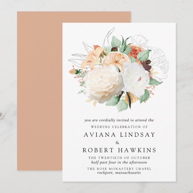Modern Autumn Rose and Peony Bouquet Wedding Invitation (Front/Back)