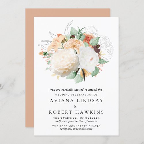 Modern Autumn Rose and Peony Bouquet Wedding Invitation