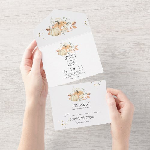 Modern Autumn Watercolor Pumpkins  Flowers  All In One Invitation