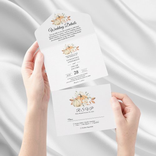 Modern Autumn Watercolor Pumpkins  Flowers  All In One Invitation