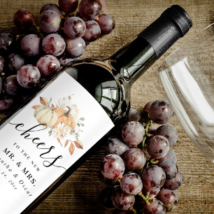 Modern Autumn Watercolor Pumpkins & Flowers  Wine Label