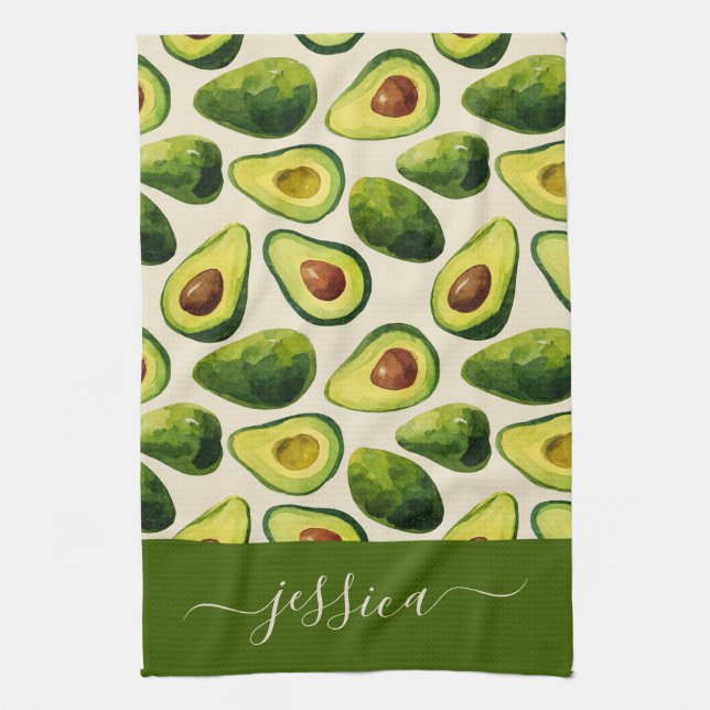 Modern avocado pattern script name kitchen towel (Vertical)