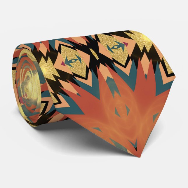 Modern Aztec Gold Boho Fusion Neck Tie (Rolled)