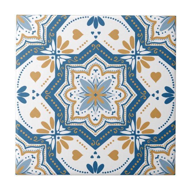 Modern Azulejo Blue Yellow Portuguese Ceramic Tile (Front)