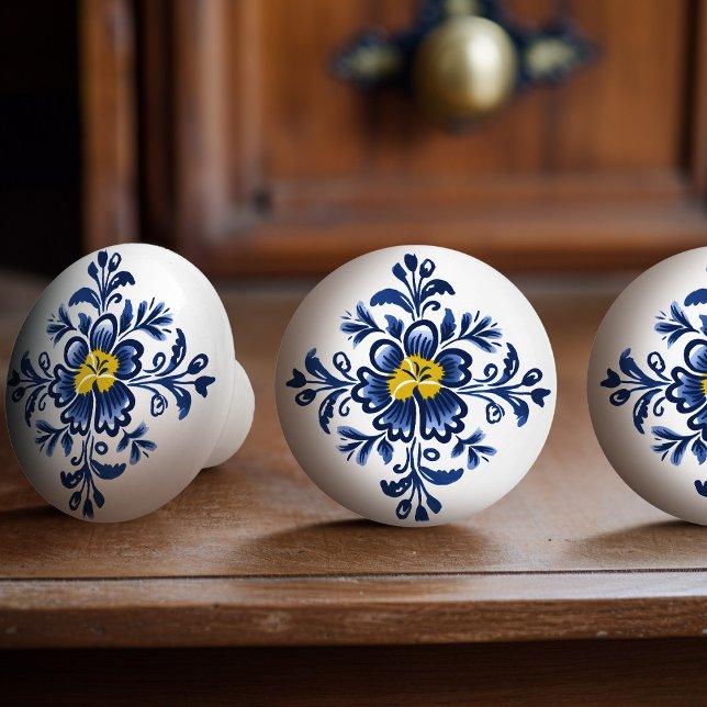 Modern Azulejo Blue Yellow Portuguese Lisbon Ceramic Knob (Creator Uploaded)
