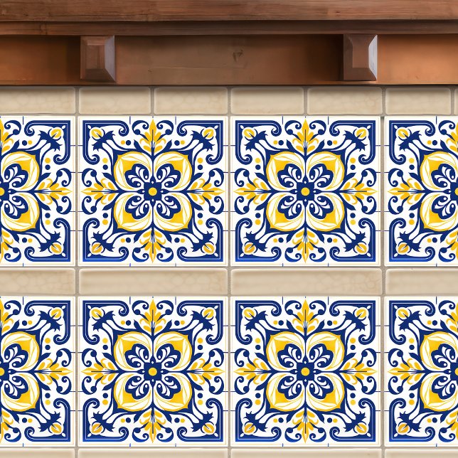 Modern Azulejo Blue Yellow Portuguese Lisbon Ceramic Tile (Creator Uploaded)