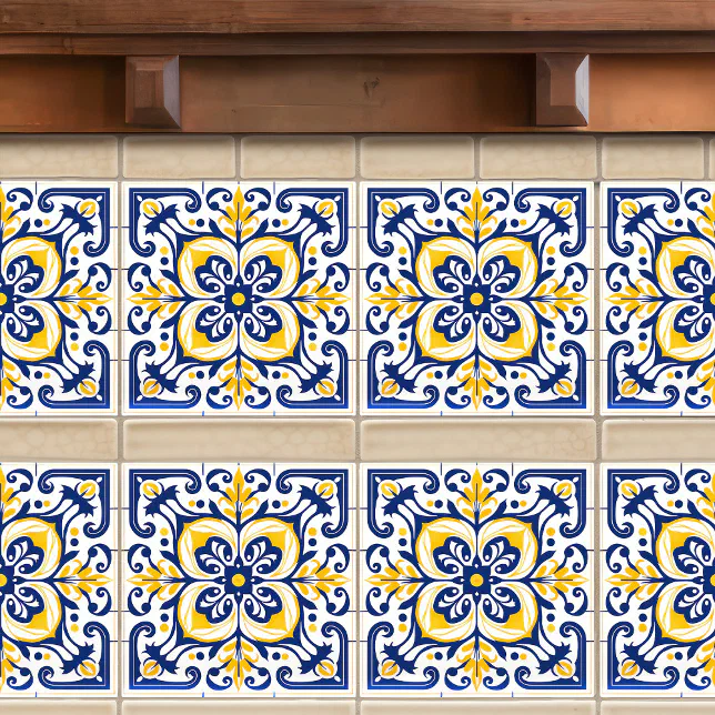 Modern Azulejo Blue Yellow Portuguese Lisbon Ceramic Tile