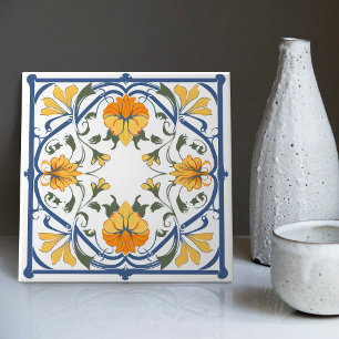 Modern Azulejo Blue Yellow Portuguese Lisbon Ceramic Tile