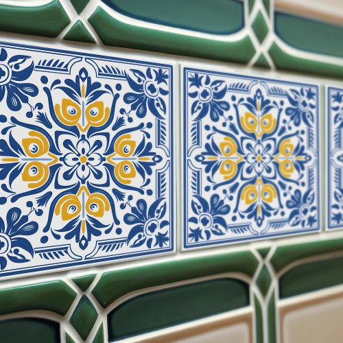 Modern Azulejo Blue Yellow Portuguese Lisbon Ceramic Tile