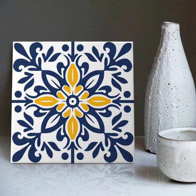 Modern Azulejo Blue Yellow Portuguese Lisbon Ceramic Tile (Creator Uploaded)