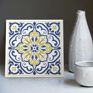 Modern Azulejo Blue Yellow Portuguese Lisbon Ceramic Tile