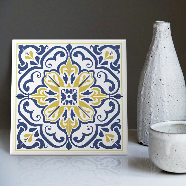 Modern Azulejo Blue Yellow Portuguese Lisbon Ceramic Tile (Creator Uploaded)
