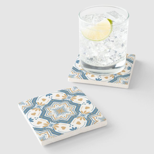 Modern Azulejo Blue Yellow Portuguese Pattern Stone Coaster (Side)