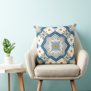 Modern Azulejo Blue Yellow Portuguese Pattern Throw Pillow