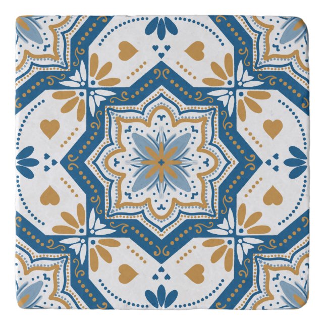 Modern Azulejo Blue Yellow Portuguese Pattern Trivet (Front)