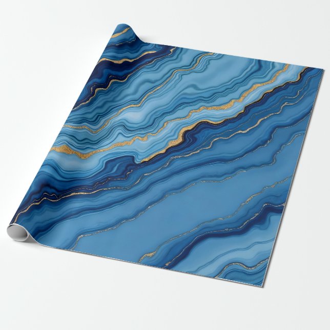 Modern Azure Blue Gold Marble Collection Wrapping Paper (Unrolled)