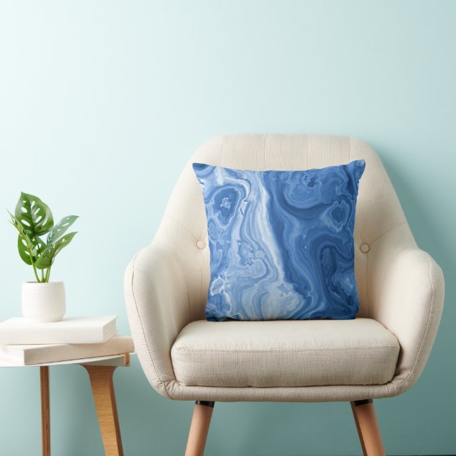 Modern Azure Blue Malachite Marble Swirls Pattern Throw Pillow (Chair)