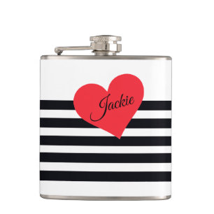Modern B & W Striped Personalized Name Chic Cute Flask