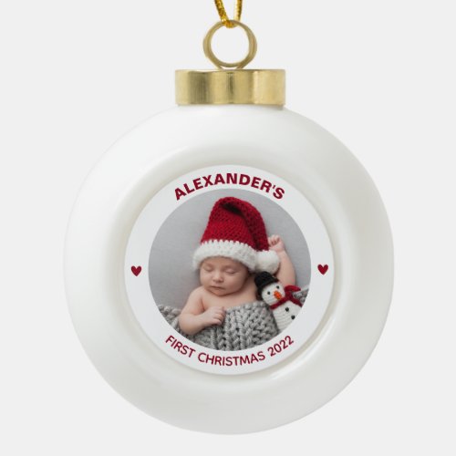 Modern Baby 1st Christmas 2023 Personalized Photo Ceramic Ball Christmas Ornament