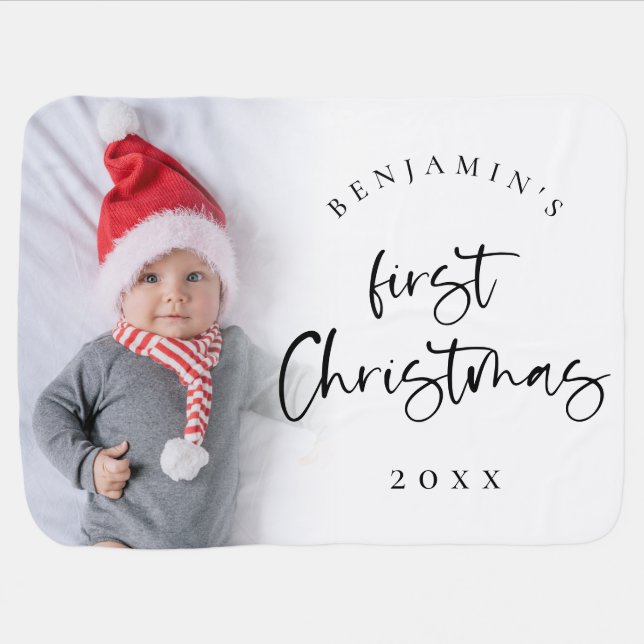 Modern Baby 1st Christmas Script Name Year Photo Blanket (Horizontal)