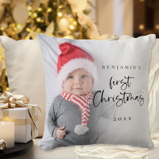 Modern Baby 1st Christmas Script Name Year Photo Throw Pillow (Pilow available large 20 x 20" and small 16 x 16" Same design is on both sides)