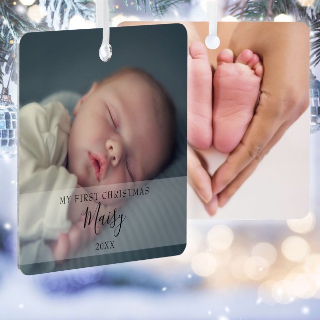 Modern Baby 2 Photo My First Christmas Metal Ornament (Creator Uploaded)