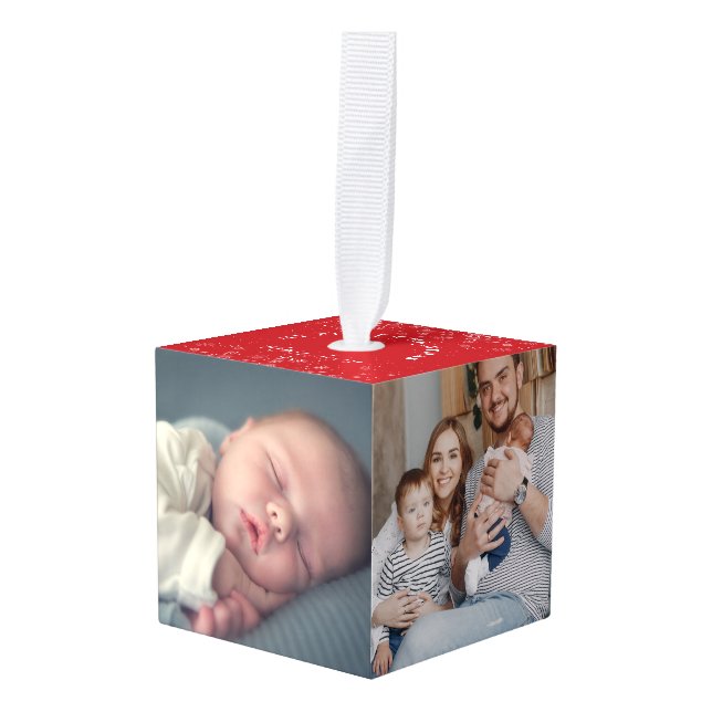 Modern Baby 4 Photos Holiday First Christmas Cube Ornament (Front Angled)