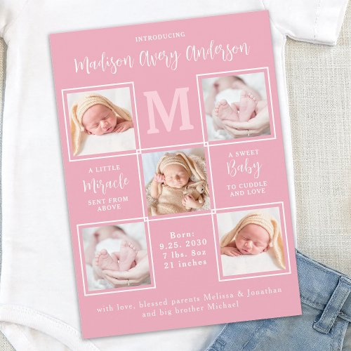 Modern Baby 5 Photo Collage Newborn Pink Birth Announcement