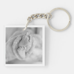 Modern Baby Birth Announcement Black White PHOTO Keychain