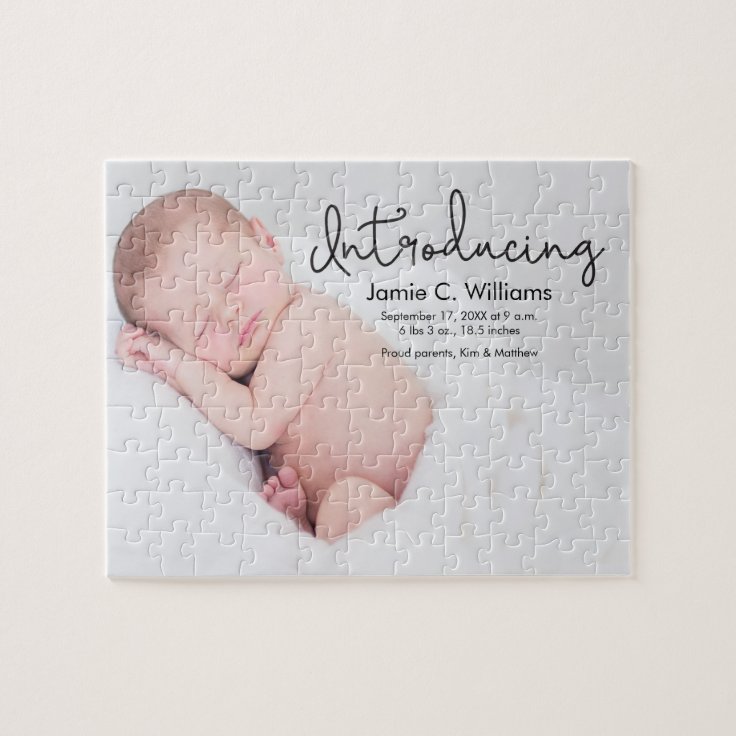 Modern Baby Birth Photo Announcement Jigsaw Puzzle Zazzle