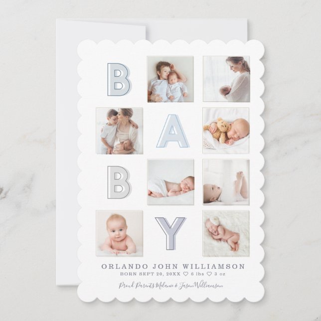 Modern Baby Block Letters Photo Grid Collage Boy Announcement (Front)