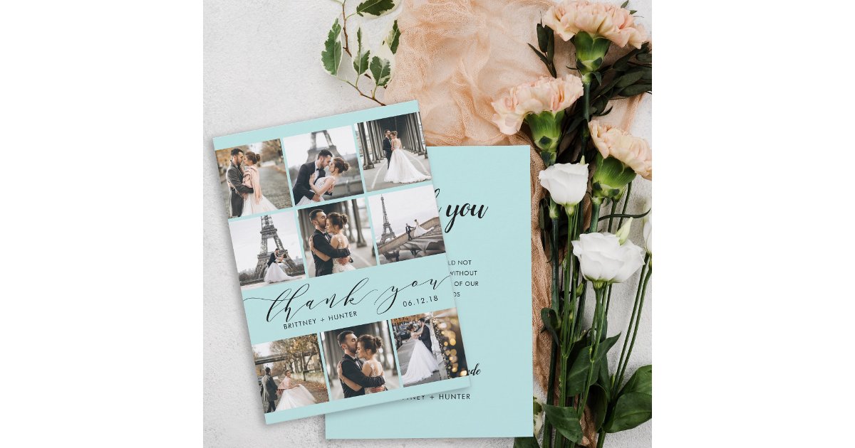 Modern Baby Blue Calligraphy 9 Photo Collage Thank You Card | Zazzle