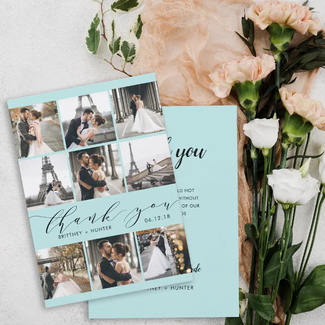 Modern Baby Blue Calligraphy 9 Photo Collage Thank You Card | Zazzle