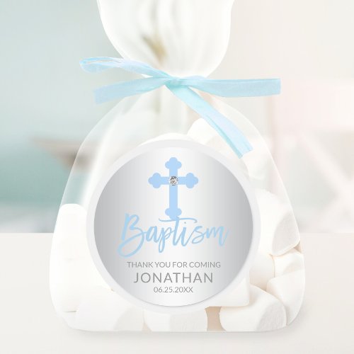 Modern Baby Blue Cross Baptism Boy Thank You Classic Round Sticker