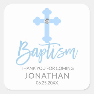 Modern Baby Blue Cross Baptism Boy Thank You Square Sticker