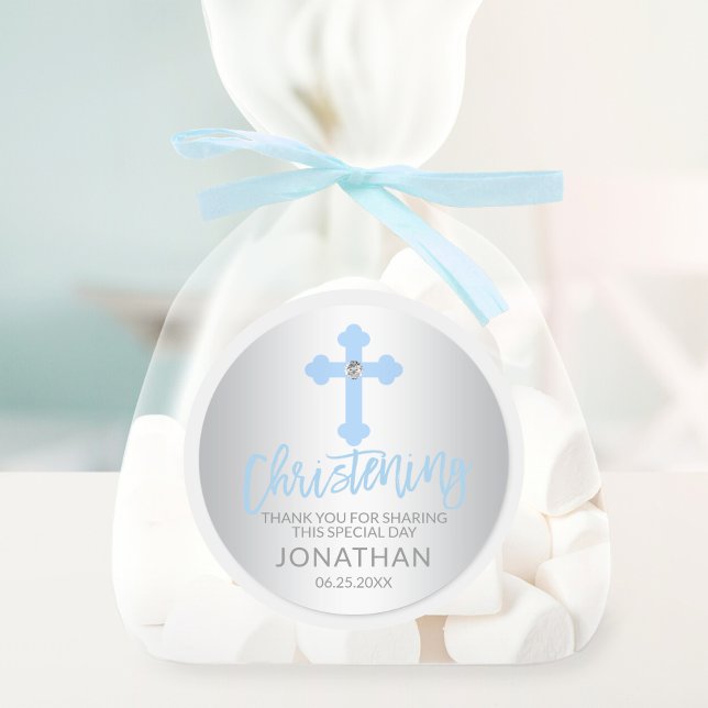 Modern Baby Blue Cross Christening Boy Thank You Classic Round Sticker (Modern Baby Blue Cross Christening Boy Thank You Classic Round Sticker)
