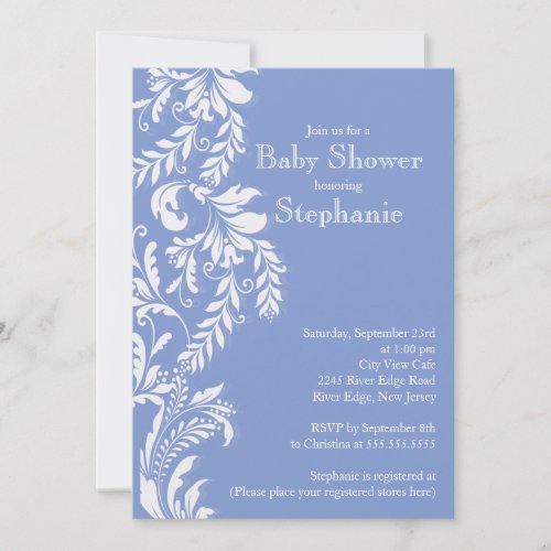 Modern Baby Blue Floral Leaf Baby Shower Invite