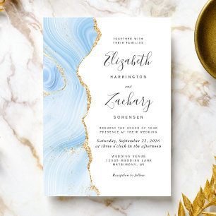 Modern Baby Blue Gold Agate Wedding Invitation