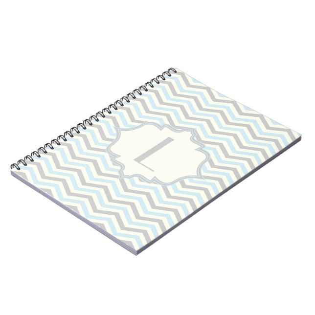 Modern baby blue, grey, ivory chevron pattern notebook (Left Side)