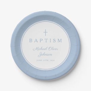 Modern Baby Blue Religious Cross Baptism Paper Plates