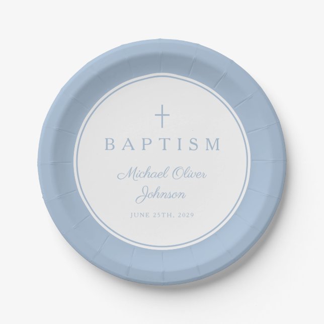 Modern Baby Blue Religious Cross Baptism Paper Plates (Front)